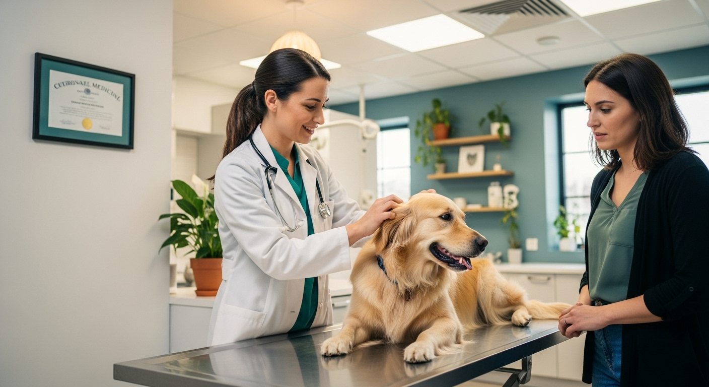 Professional veterinarian examining golden retriever
