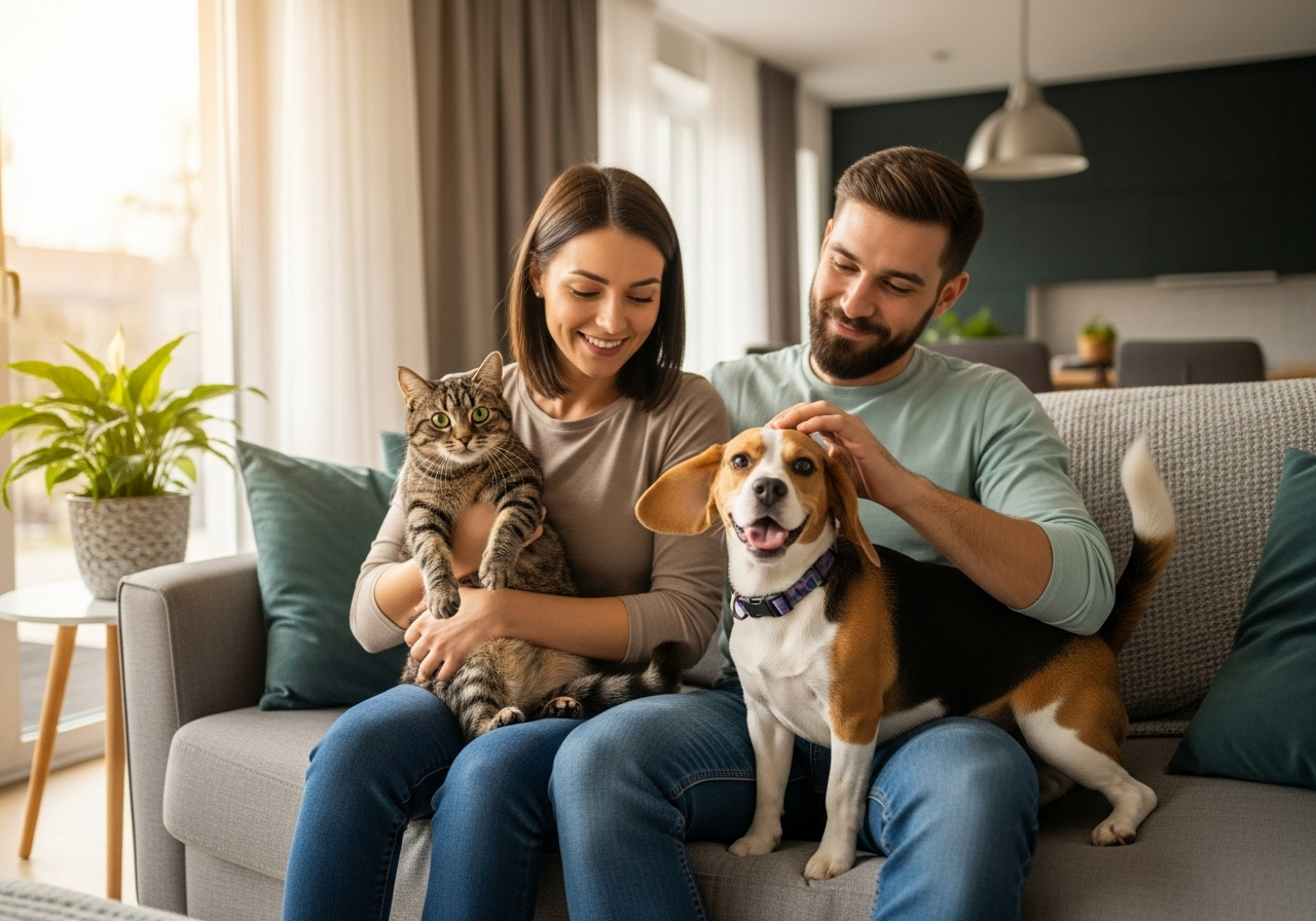 Happy family with pets